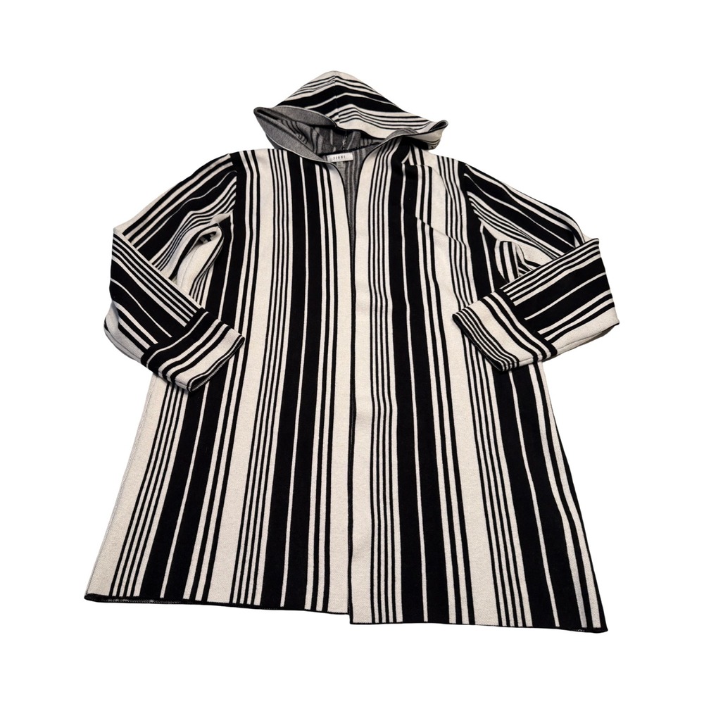 Sioni Womens XL Black White Striped Hooded Open Front Long Line Cardigan Sweater